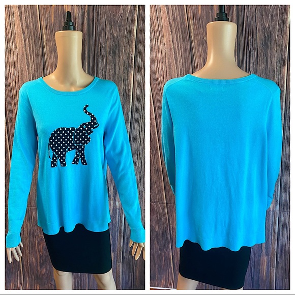 Crown & Ivy Belk size medium sky blue and white polka dot elephant sweater - Picture 1 of 16